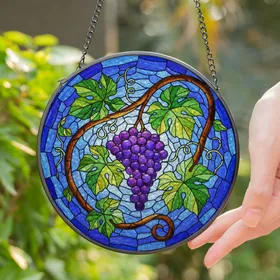 Stained Glass Grapes Tiffany Art - Purple Grape Leaves Blue Mosaic Fruit Design Stained Glass Suncatcher