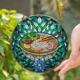 Colorful Ornate Noodle Bowl Stained Glass Art with Chopsticks, Broccoli & Mosaic Leaves Stained Glass Suncatcher