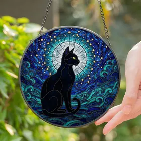 Black Cat Luminous Eyes Full Moon Stained Glass Tiffany Style Night Sky Window Decor Stained Glass Suncatcher