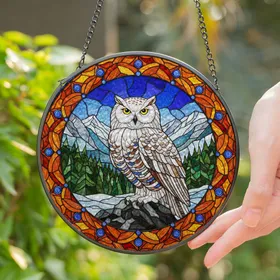 Snowy Owl Stained Glass Winter Mountain Landscape Tiffany Jewel Tone Home Decor Gift Stained Glass Suncatcher