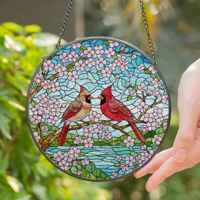 Intricate Cardinal Birds Cherry Blossom Stained Glass Art - Jewel Tone Nature Decor Stained Glass Suncatcher