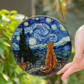 Orange Tabby Cat Rooftop Village Van Gogh Starry Night Stained Glass Window Art Stained Glass Suncatcher