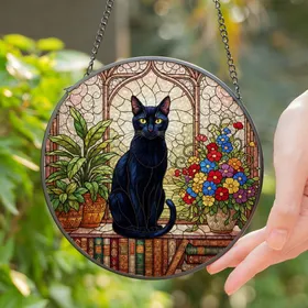 Black Cat Potted Plants Flowers Stained Glass Window Bookshelf Tiffany Jewel Tone Stained Glass Suncatcher