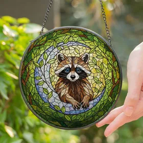 Raccoon Crescent Moon Stained Glass Mosaic Forest Art - Tiffany Style Window Animal Lover Gift Stained Glass Suncatcher