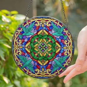 Celtic Square Knot Birds Stained Glass Mosaic Art - Tiffany Style Interlace Foliate Scroll Stained Glass Suncatcher