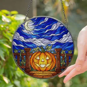 Jack-o'-Lantern Stained Glass Crescent Moon Halloween Decor - Night Sky Autumn Gift Stained Glass Suncatcher