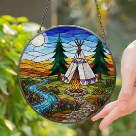 Camping Teepee Campfire River Pine Trees Moon Wildflowers - Tiffany Stained Glass Art Stained Glass Suncatcher