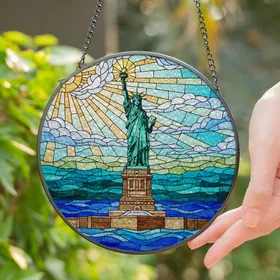 Stained Glass Statue of Liberty Artwork with Glowing Torch - Tiffany Mosaic Art Stained Glass Suncatcher