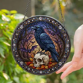Tiffany Raven Skull Bats Stained Glass - Mystical Forest Crescent Moon Wall Art Decor Stained Glass Suncatcher