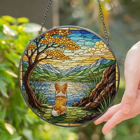 Corgi Dog Stained Glass Autumn Leaves Landscape - Hills Mountains Water Sky Mosaic Stained Glass Suncatcher