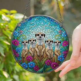 Five Curious Meerkats Tiffany Style Stained Glass with Blooming Flowers & Jewel Tone Sky Mosaic Stained Glass Suncatcher