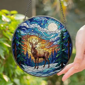 Majestic Stag Golden Antlers Winter Forest Full Moon Night Stained Glass Art Stained Glass Suncatcher