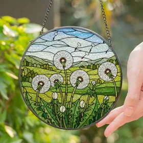 Dandelion Puffball Seeds, Green Leaves, Rolling Hills, Blue Sky - Tiffany Glass Decor Stained Glass Suncatcher