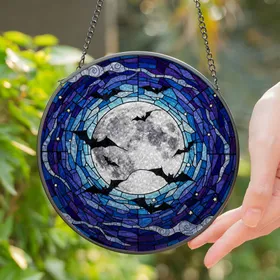 Full Moon Black Bat Stained Glass Night Sky Mosaic - Glowing Tiffany Window Decor Stained Glass Suncatcher