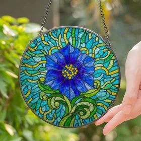 Tiffany Style Stained Glass Flower Mosaic - Jewel Tone Intricate Floral Design Art Stained Glass Suncatcher