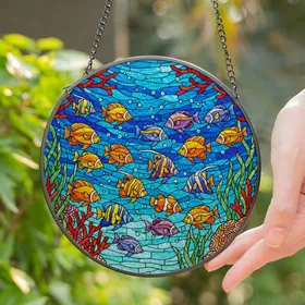 Tropical Fish Angelfish Butterfly Stained Glass Coral Reef Water Mosaic Ocean Scene Stained Glass Suncatcher