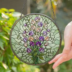 Sweet Pea Floral Stained Glass Art - Tiffany Style Gilded Border Home Decor Gift Stained Glass Suncatcher
