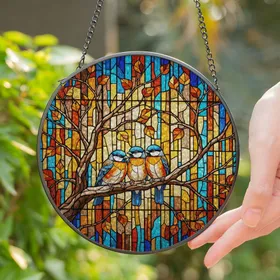 Three Blue Cap Birds Tiffany Stained Glass Mosaic Autumn Leaves Tree Branch Window Art Stained Glass Suncatcher