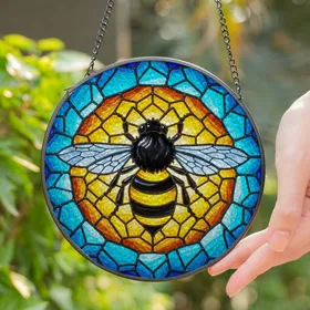 Vibrant Yellow Black Bee Honeycomb Stained Glass - Tiffany Style Translucent Art Stained Glass Suncatcher