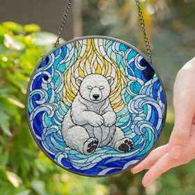 Stained Glass Baby Polar Bear - Tiffany Ice Water Aurora Swirls Window Decor Gift Stained Glass Suncatcher