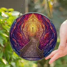 Winding Stone Staircase Mystical Archway Cavern Tiffany Style Jewel Tone Walls Stained Glass Suncatcher