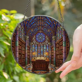 Gothic Library Stained Glass - Grand Hall Rose Window Book Lover Home Office Decor Stained Glass Suncatcher