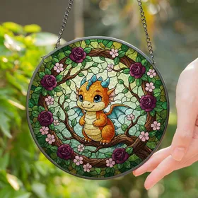 Baby Dragon Tiffany Stained Glass with Gnarled Branch, Roses & Verdant Forest Art Stained Glass Suncatcher