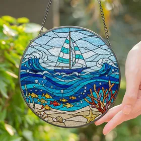 Blue Sailboat Ocean Waves Colorful Fish Shells Coral Faceted Jewels Bubbles Stained Glass Suncatcher