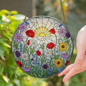 Vibrant Tiffany Stained Glass Wildflower Meadow - Poppies, Sunflowers, Bluebells & Berries Stained Glass Suncatcher