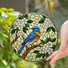 Bluebird Stained Glass Tree Branch Tiffany Style Flowers Mosaic Jewel Tones Decor Stained Glass Suncatcher