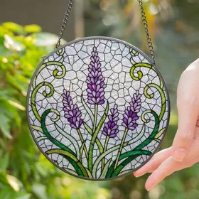 Lavender Flower Green Leaf Stained Glass Mosaic - Tiffany Style Floral Home Decor Gift Stained Glass Suncatcher
