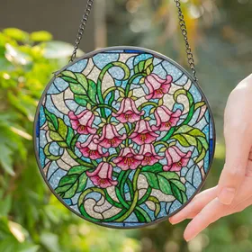 Pink Bell Flowers Ruffled Petals Stained Glass Tiffany Style Green Foliage Mosaic Stained Glass Suncatcher