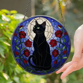 Black Cat Green Eyes Full Moon Stained Glass - Tiffany Style Red Flower Night Sky Art Stained Glass Suncatcher