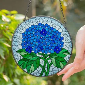 Blue Hydrangea Flowers Tiffany Stained Glass Artwork with Green Leaves & Mosaic Sky Stained Glass Suncatcher