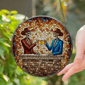 Stained Glass Skeletal Cowboy Frothy Beer Mugs Toast - Tiffany Jewel Tone Intricate Art Stained Glass Suncatcher