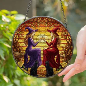 Witches Toasting Wine, Black Cats, Roses, Sunset & Autumn Leaves Tiffany Glass Artwork Stained Glass Suncatcher