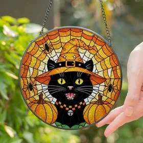 Black Cat Witch Hat Orange Pumpkins Spiderweb Tiffany Style Halloween Art Decor Stained Glass Suncatcher