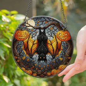 Black Bat Jack-O'-Lantern Full Moon Autumn Decor - Spooky Season Halloween Window Art Stained Glass Suncatcher