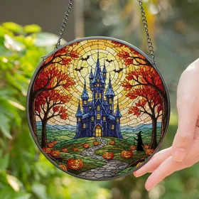 Haunted Castle Jack-O-Lanterns Witch Moon Bats - Tiffany Style Halloween Twilight Decor Stained Glass Suncatcher