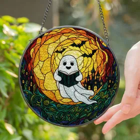 Reading Ghost Moon Bats Castle Glowing Stained Glass Night Sky Mosaic Decor Stained Glass Suncatcher