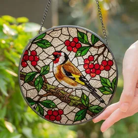 European Goldfinch Bird Stained Glass Art Mossy Branch Red Berries Window Home Decor Stained Glass Suncatcher