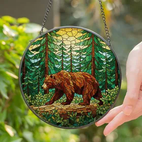 Majestic Brown Bear Forest Stained Glass - Tiffany Style Nature Wildlife Art Stained Glass Suncatcher