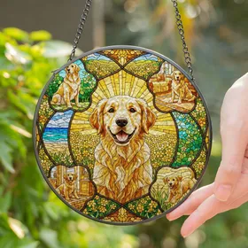 Golden Retriever Puppy Stained Glass Art, Dogs in Sunny Fields & Beaches Gift Stained Glass Suncatcher
