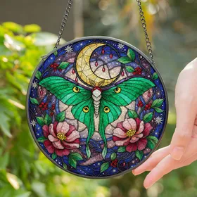Vibrant Green Luna Moth Golden Crescent Moon Stained Glass Art, Blooming Flowers Berries Stained Glass Suncatcher