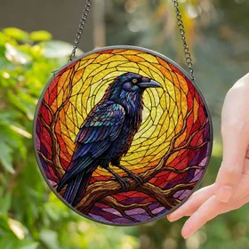 Majestic Black Raven Stained Glass Iridescent Feathers Tiffany Style Glowing Sunset Sky Stained Glass Suncatcher