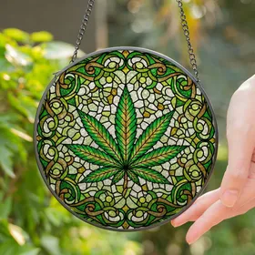 Detailed Cannabis Leaf Stained Glass Art - Tiffany Style Mosaic Green Vine Home Decor Stained Glass Suncatcher
