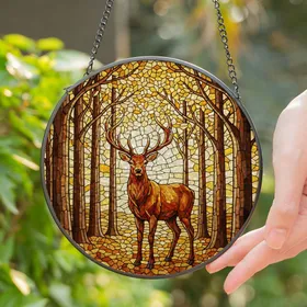 Intricate Glowing Stag Stained Glass - Autumn Forest Deer Art Warm Horizon Window Decoration Stained Glass Suncatcher