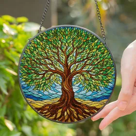 Tree of Life Stained Glass Art - Tiffany Style Mosaic Gnarled Trunk Roots & Canopy Stained Glass Suncatcher