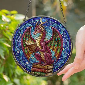 Vibrant Dragon Reading Books Tiffany Glass - Magical Energy Celestial Stained Art Decor Stained Glass Suncatcher