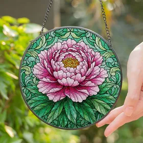 Full-Bloom Peony Stained Glass Art - Tiffany Style Intricate Botanical Mosaic Decor Stained Glass Suncatcher